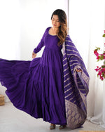 Thumbnail for Lorenvalley Women Pure Roman silk Chanderi Fabric Layer Gathering Anarkali Kurta Pant With Dupatta Set