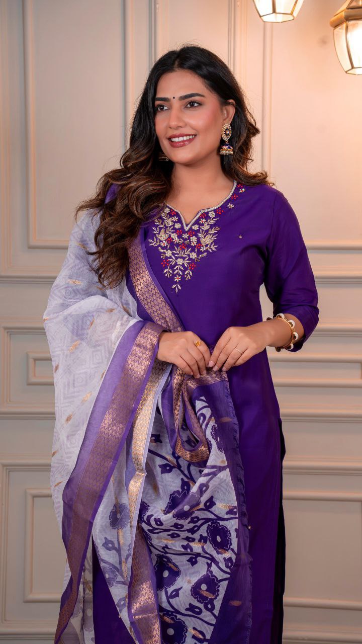 Lorenvalley Fashion Purple Roman Silk Hand Work Kurta Pant with Dupatta