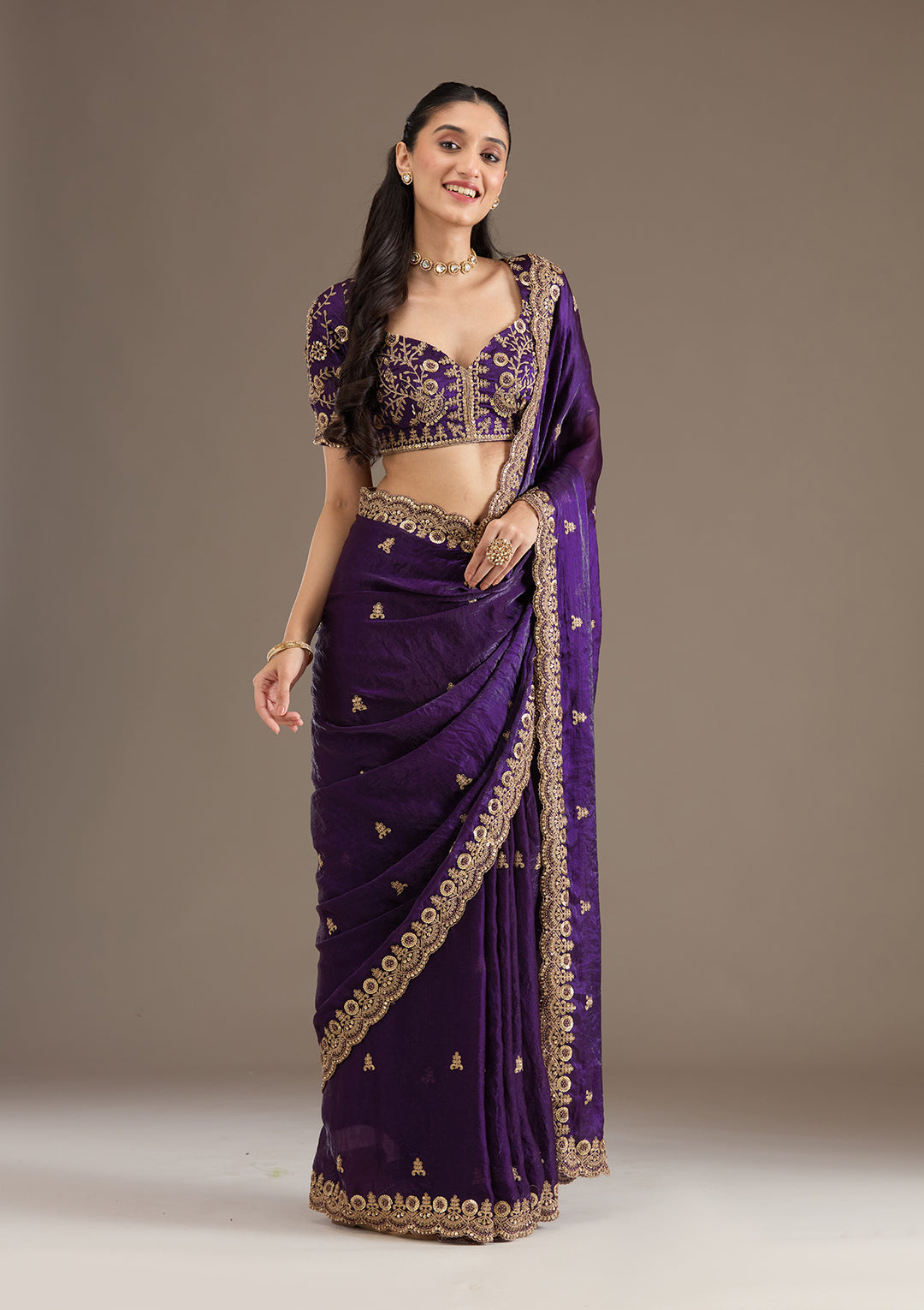 Lorenvalley Fashion Purple Fendi Satin with Embroidery Double Sequence Work Saree with Blouse