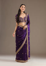Thumbnail for Lorenvalley Fashion Purple Fendi Satin with Embroidery Double Sequence Work Saree with Blouse