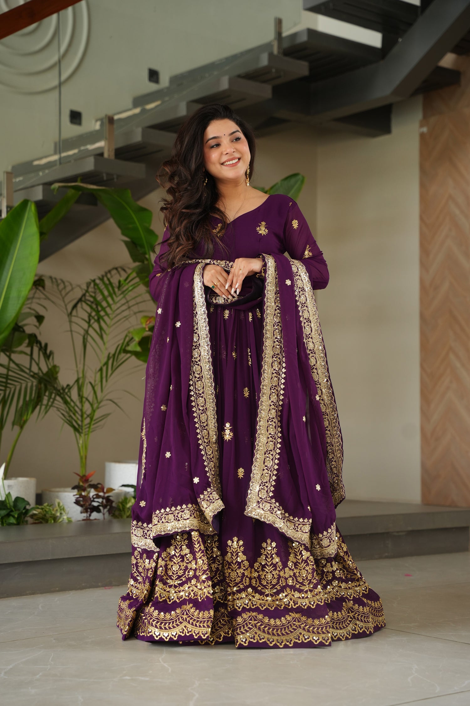 Lorenvalley Fashion Purple Faux Georgette with Zari & Sequins Embroidered Work Anarkali Gown with Dupatta