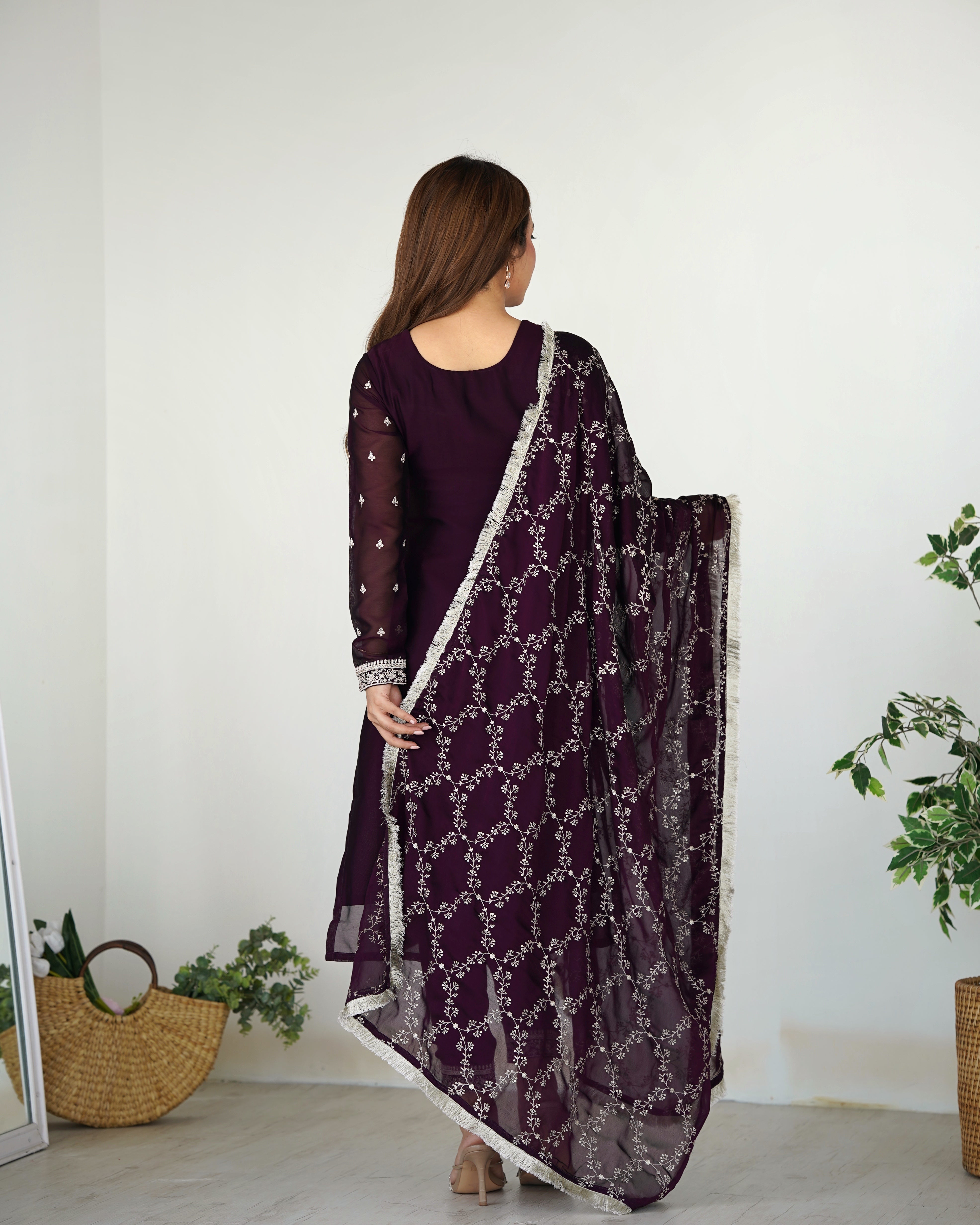 Lorenvalley Wine Rangoli Silk Embroidery Sequence And Thread Work Kurta Trousers with Dupatta Set - Distacart