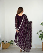 Thumbnail for Lorenvalley Wine Rangoli Silk Embroidery Sequence And Thread Work Kurta Trousers with Dupatta Set - Distacart