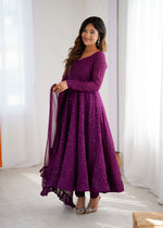 Thumbnail for Lorenvalley Purple Faux Georgette Lukhnowi Sequence Work Anarkali Kurta Pant With Dupatta Set
