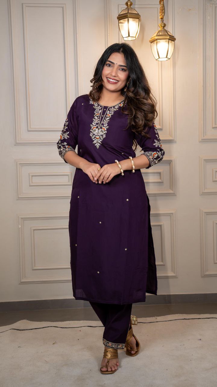Lorenvalley Fashion Purple Roman Silk Embroidery Multi Work Kurta Pant with Dupatta