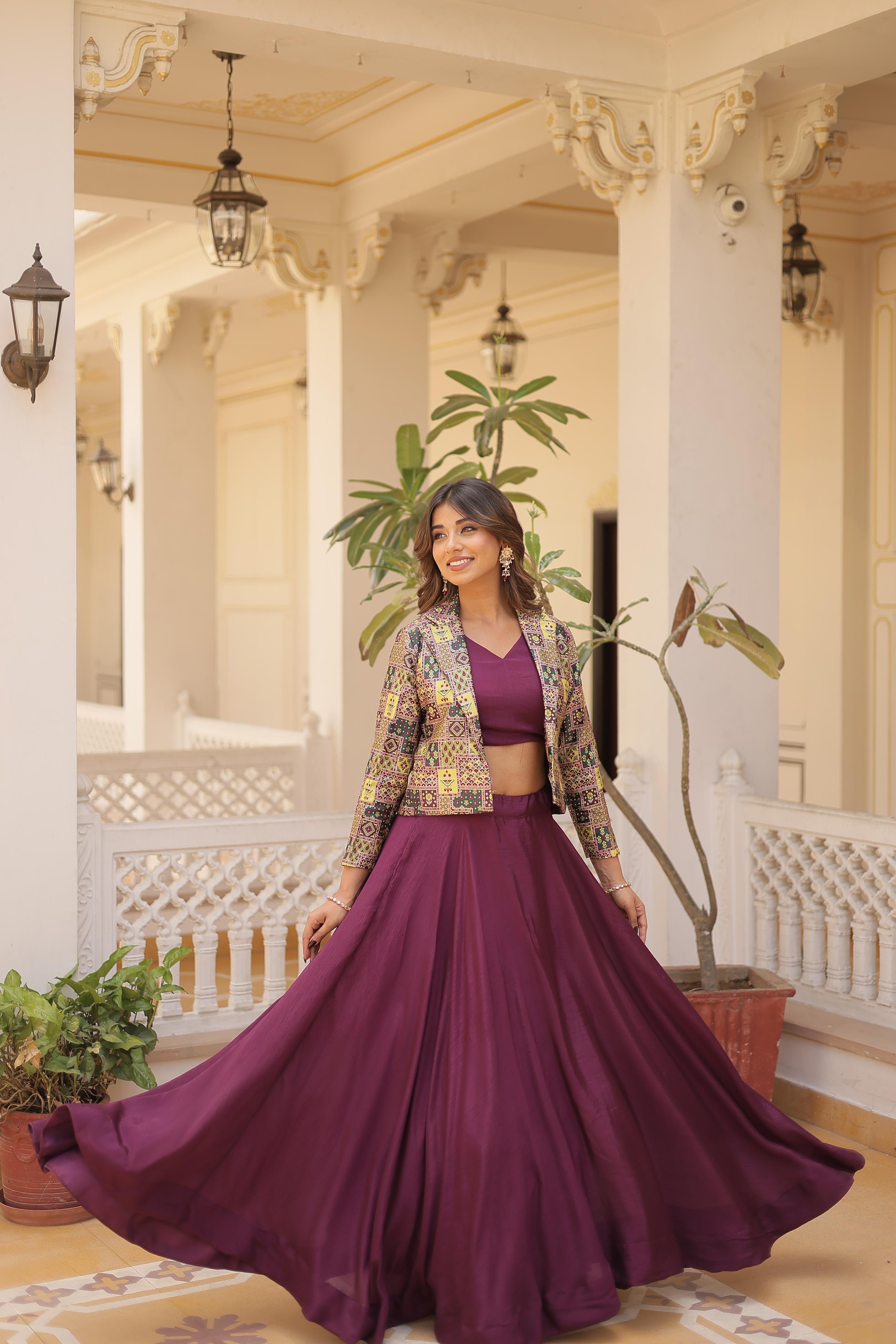 Lorenvalley Purple Premium Chinnon Lehenga Choli with Jacquard Woven Design Koti - Distacart