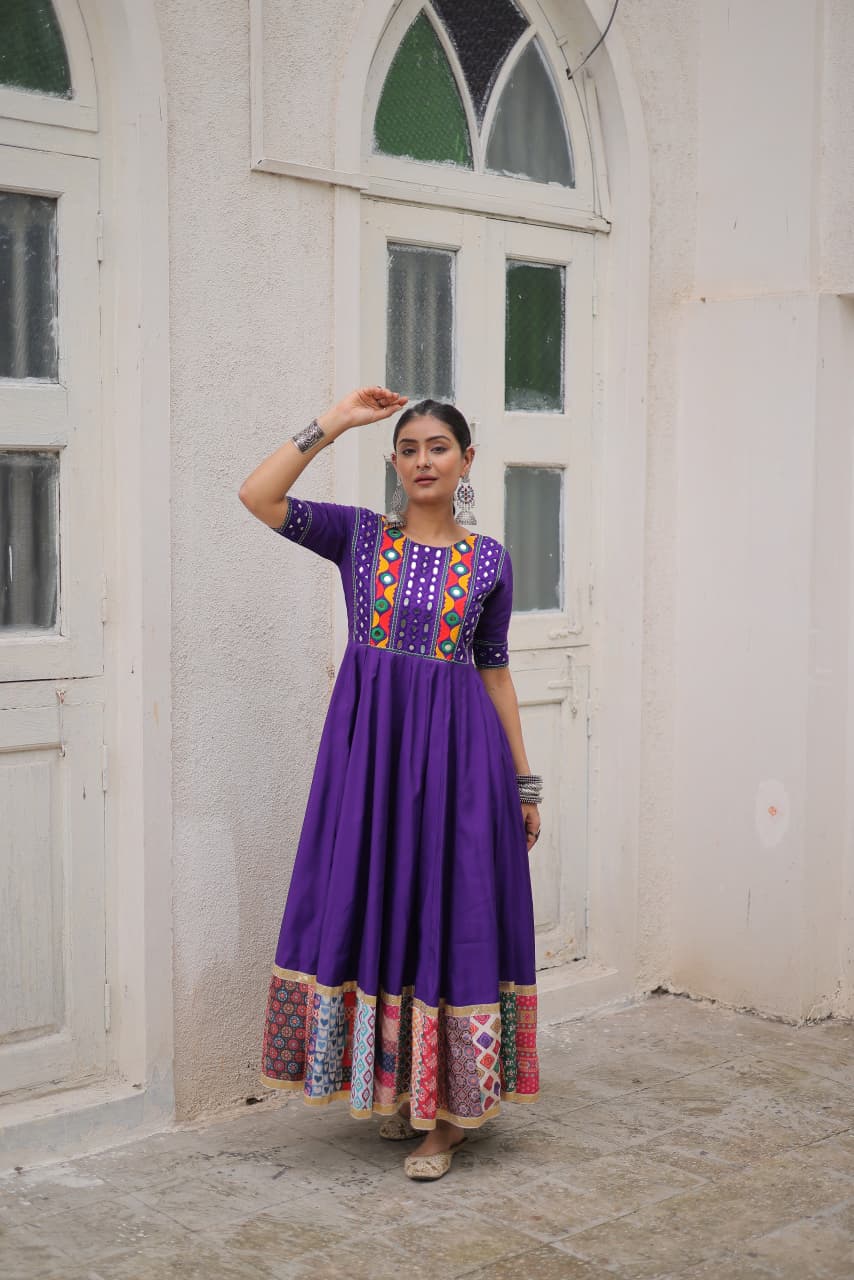 Lorenvalley Fashion Purple Roman Silk with Thread with mirror work & Maslin Crochet Print Work Gown