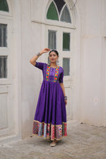 Thumbnail for Lorenvalley Fashion Purple Roman Silk with Thread with mirror work & Maslin Crochet Print Work Gown