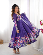 Thumbnail for Lorenvalley Purple Soft Organza Silk With Floral Print Fully Flared Anarkali Pant With Dupatta Set