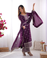 Thumbnail for Lorenvalley Purple Chinon Silk Embroidery Sequence and Jari Work Kurta Trousers with Dupatta Set