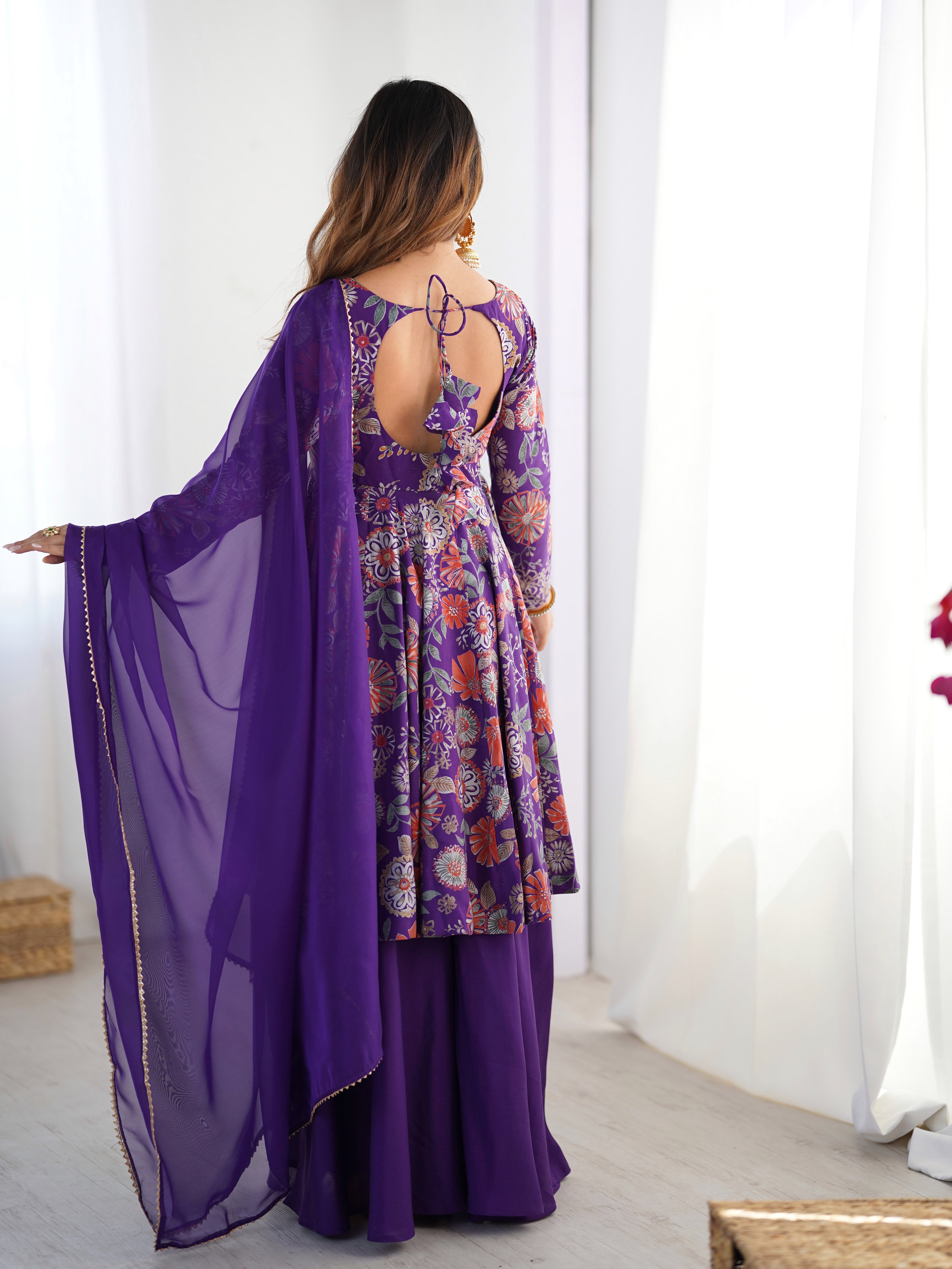 Lorenvalley Women Pure Soft Roman silk Chanderi Discharge Print Fabric Kediya Kurta Palazzo with Dupatta Set