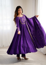 Thumbnail for Lorenvalley Fashion Purple Roman Chanderi Silk Handwork Beads Work Anarkali Pant with Dupatta - Distacart