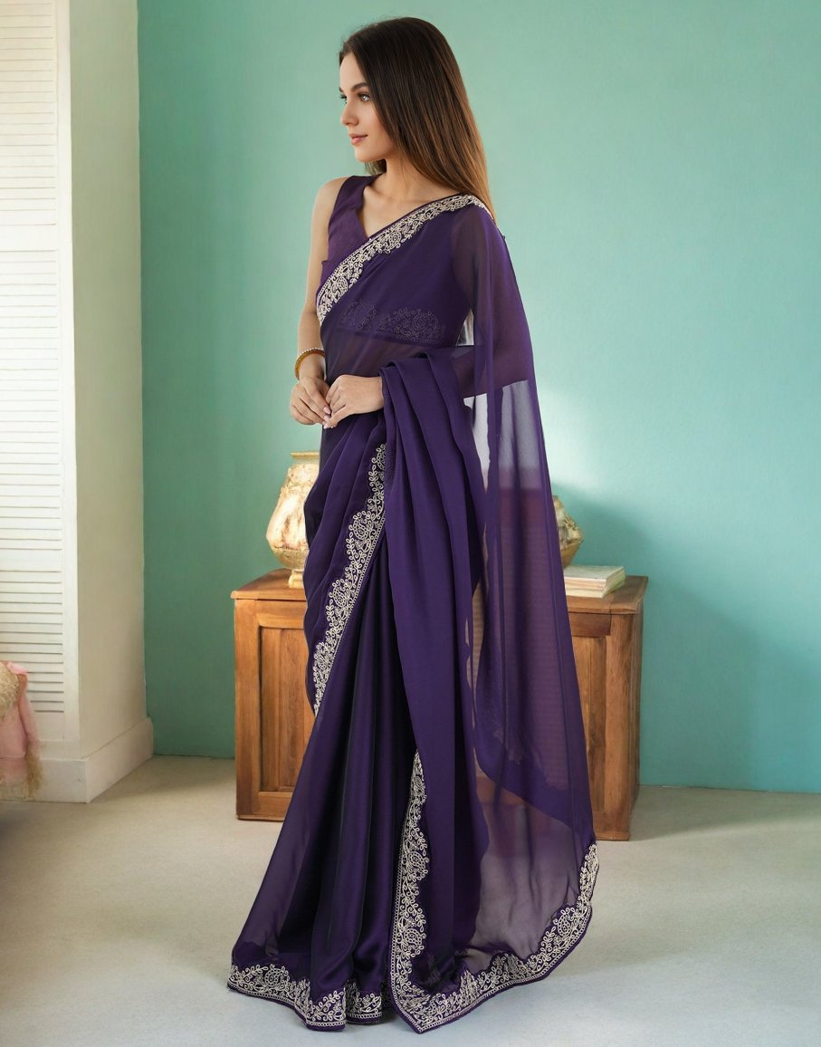Lorenvalley Fashion Purple Rangoli Silk with Coding Lace Work Saree with Blouse
