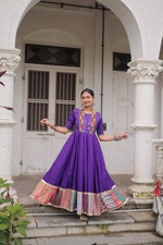 Thumbnail for Lorenvalley Fashion Purple Roman Silk with Thread with mirror work & Maslin Crochet Print Work Gown