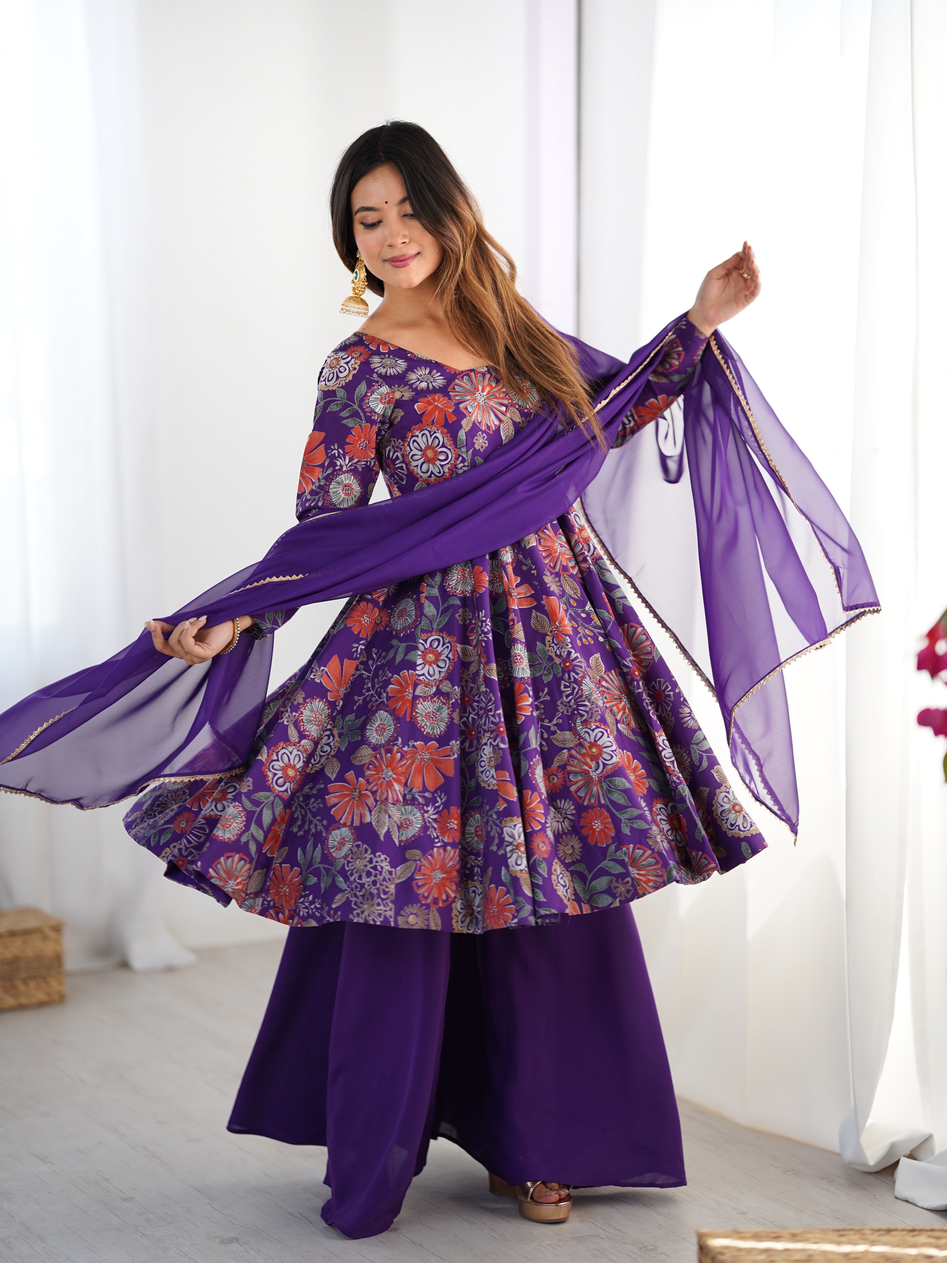 Lorenvalley Women Pure Soft Roman silk Chanderi Discharge Print Fabric Kediya Kurta Palazzo with Dupatta Set
