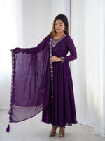 Thumbnail for Lorenvalley Purple Faux Georgette Fancy Embroidery Beads And Jari Work Anarkali Kurta Palazzo With Dupatta Set