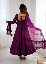 Thumbnail for Lorenvalley Purple Faux Georgette Lukhnowi Sequence Work Anarkali Kurta Pant With Dupatta Set
