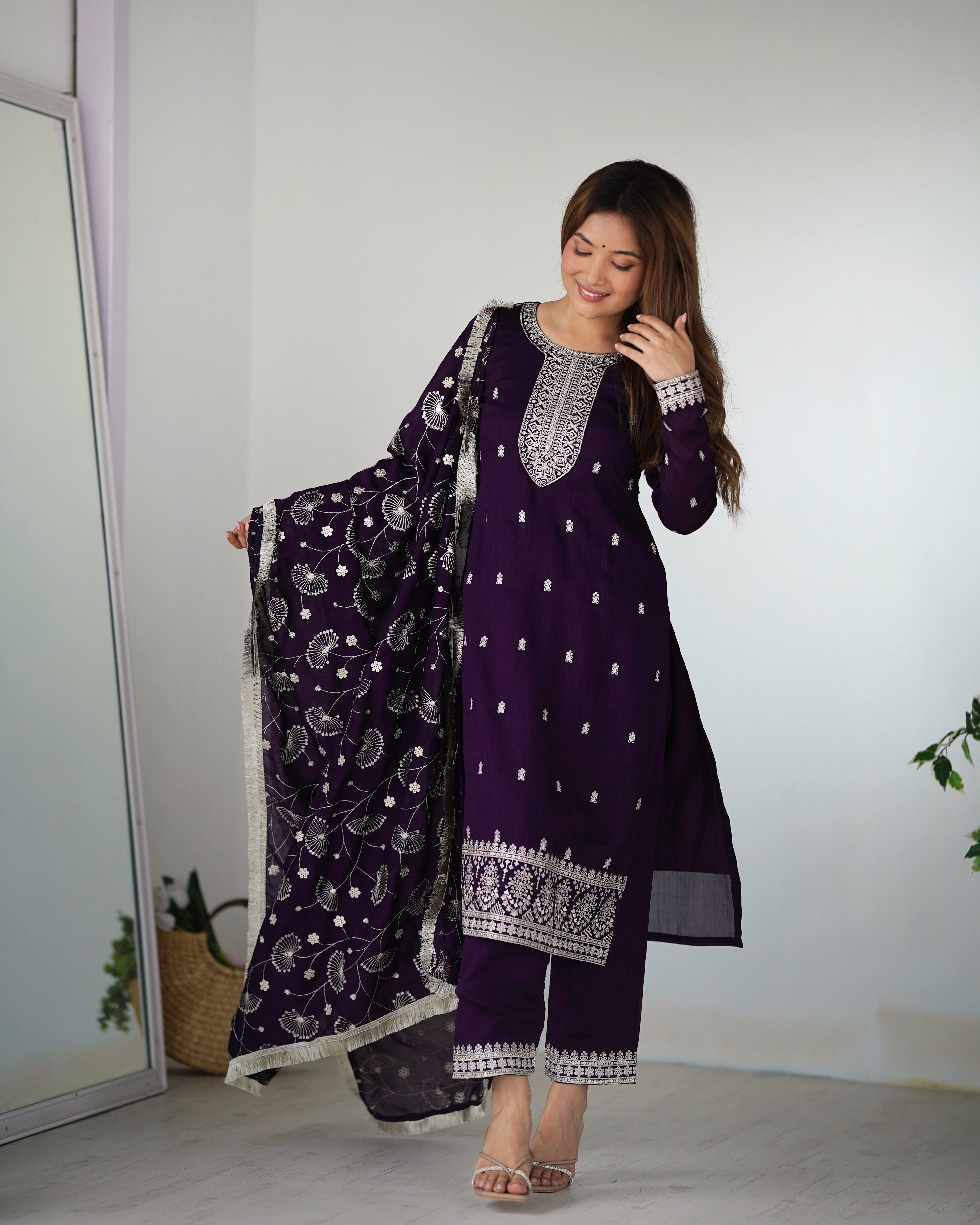 Lorenvalley Purple Rangoli Silk Embroidery Sequence and Jari Work Kurta Trousers with Dupatta Set