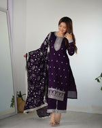 Thumbnail for Lorenvalley Purple Rangoli Silk Embroidery Sequence and Jari Work Kurta Trousers with Dupatta Set
