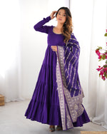Thumbnail for Lorenvalley Women Pure Roman silk Chanderi Fabric Layer Gathering Anarkali Kurta Pant With Dupatta Set