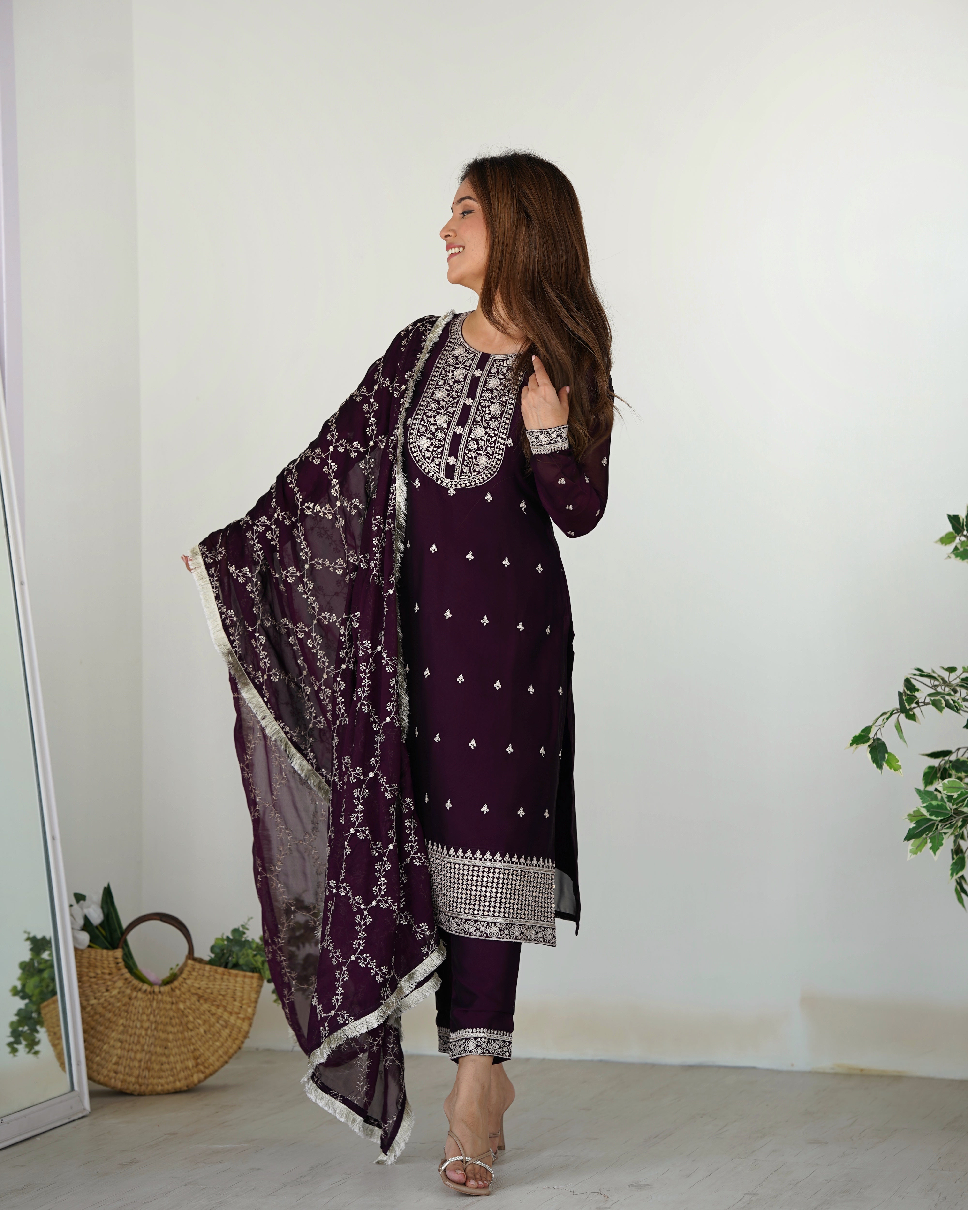 Lorenvalley Wine Rangoli Silk Embroidery Sequence And Thread Work Kurta Trousers with Dupatta Set - Distacart