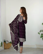 Thumbnail for Lorenvalley Wine Rangoli Silk Embroidery Sequence And Thread Work Kurta Trousers with Dupatta Set - Distacart