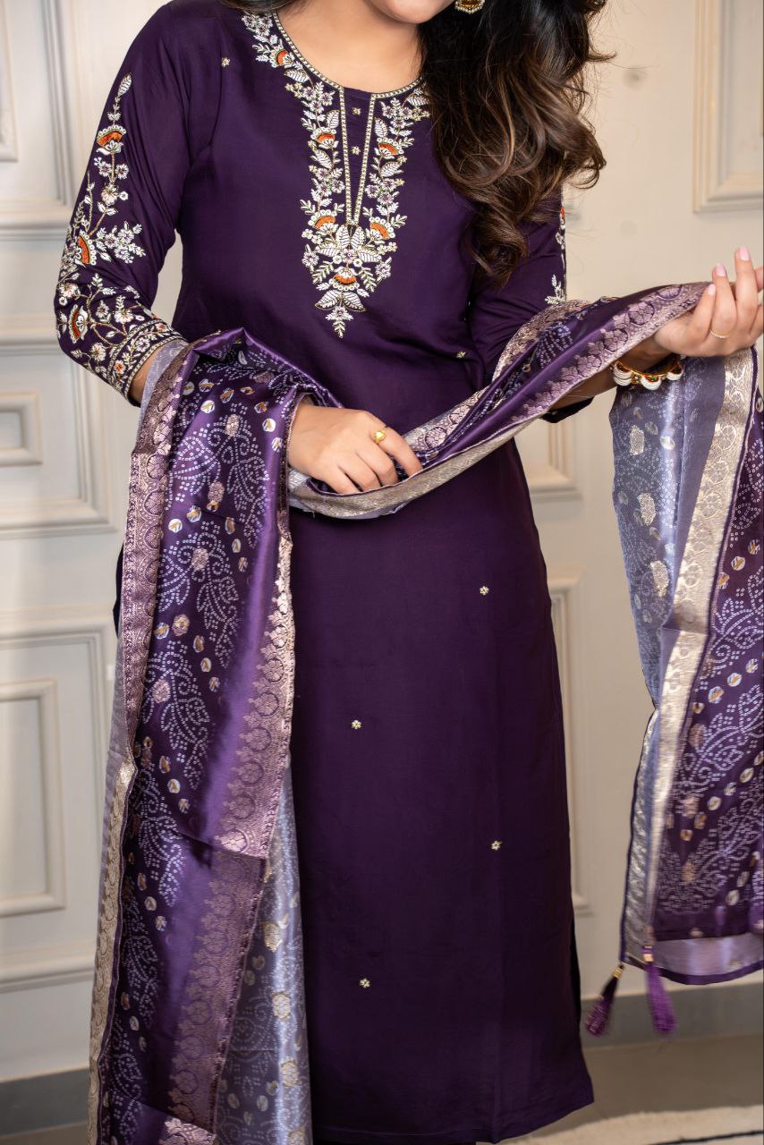 Lorenvalley Fashion Purple Roman Silk Embroidery Multi Work Kurta Pant with Dupatta