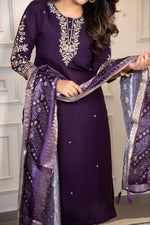 Thumbnail for Lorenvalley Fashion Purple Roman Silk Embroidery Multi Work Kurta Pant with Dupatta
