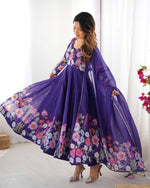 Thumbnail for Lorenvalley Purple Soft Organza Silk With Floral Print Fully Flared Anarkali Pant With Dupatta Set