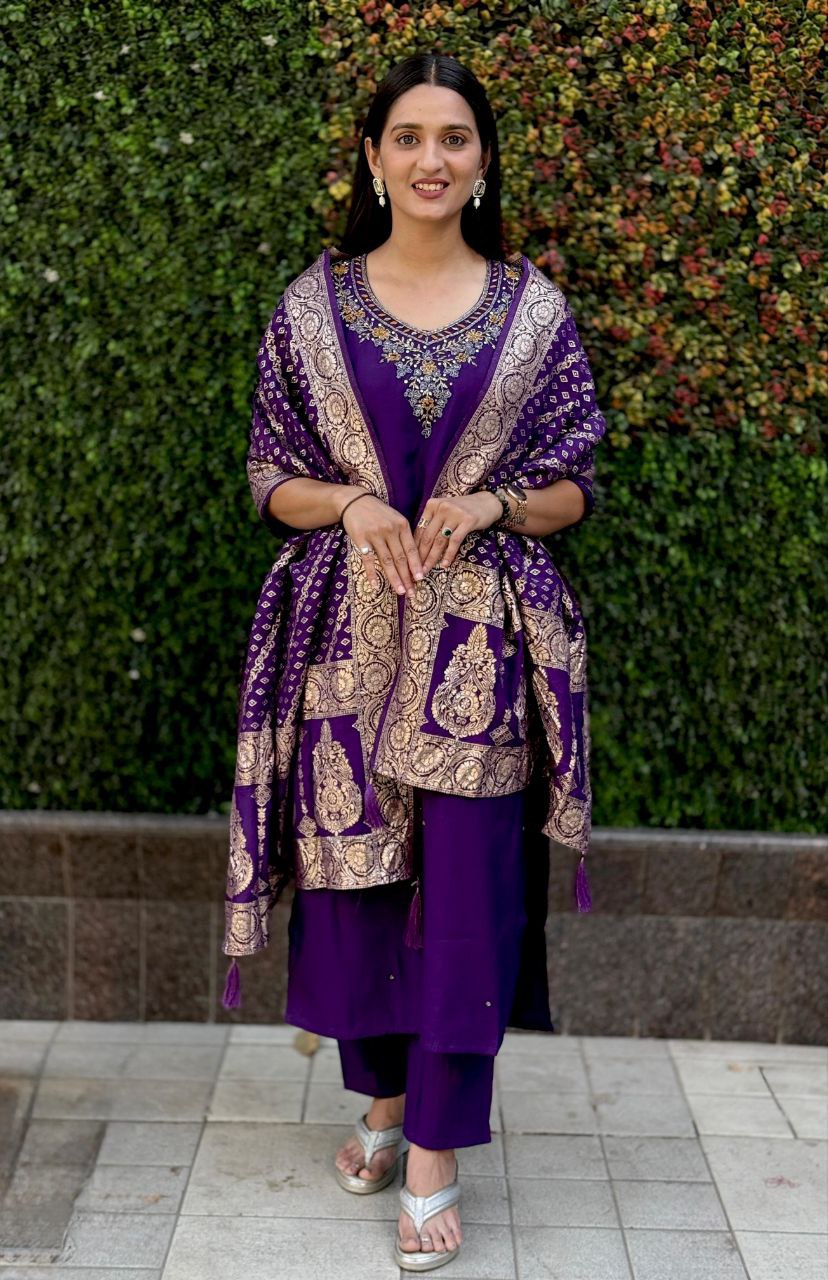 Lorenvalley Fashion Purple Roman Silk Hand Work Kurta Pant with Dupatta