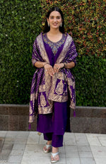 Thumbnail for Lorenvalley Fashion Purple Roman Silk Hand Work Kurta Pant with Dupatta