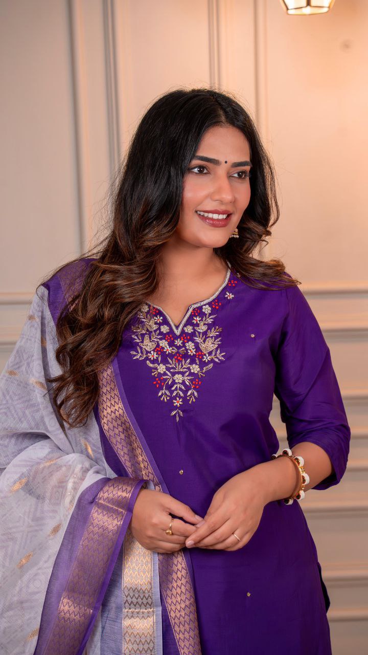 Lorenvalley Fashion Purple Roman Silk Hand Work Kurta Pant with Dupatta