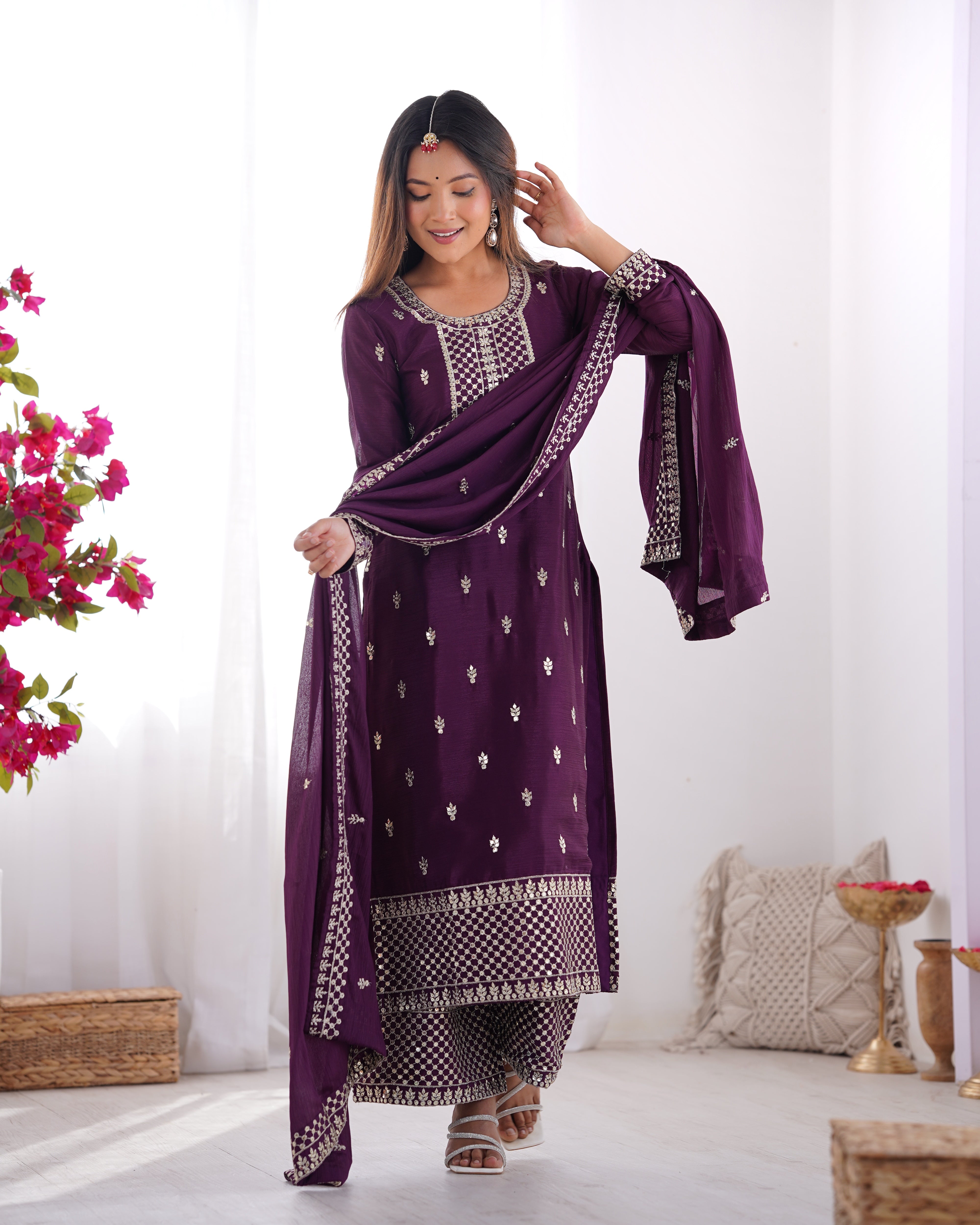 Lorenvalley Purple Chinon Silk Embroidery Sequence and Jari Work Kurta Trousers with Dupatta Set