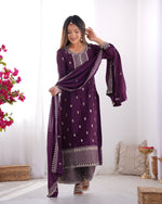 Thumbnail for Lorenvalley Purple Chinon Silk Embroidery Sequence and Jari Work Kurta Trousers with Dupatta Set