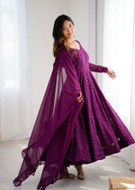 Thumbnail for Lorenvalley Purple Faux Georgette Lukhnowi Sequence Work Anarkali Kurta Pant With Dupatta Set