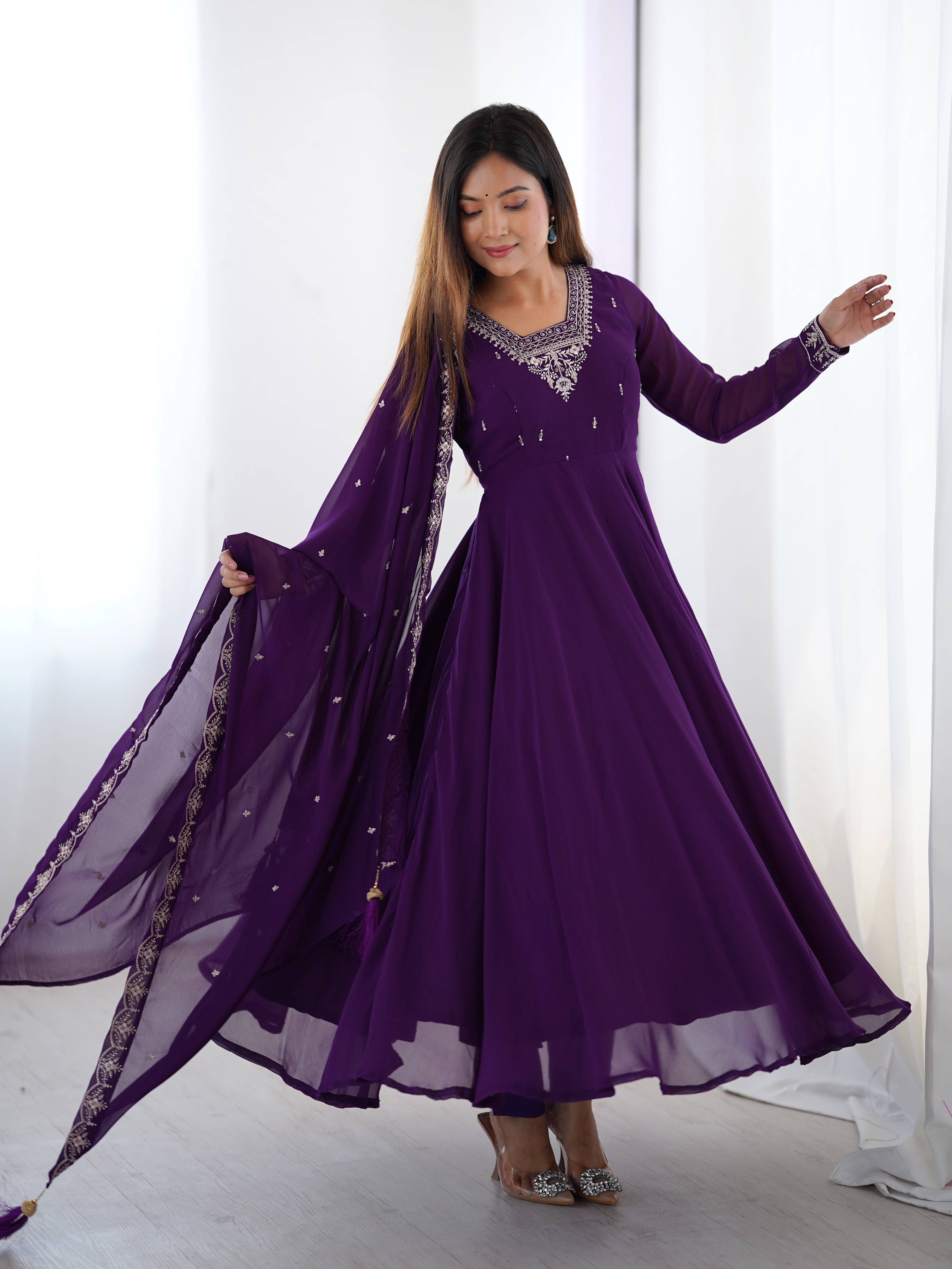 Lorenvalley Purple Faux Georgette Fancy Embroidery Beads And Jari Work Anarkali Kurta Palazzo With Dupatta Set