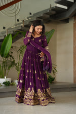 Thumbnail for Lorenvalley Fashion Purple Faux Georgette with Zari & Sequins Embroidered Work Anarkali Gown with Dupatta