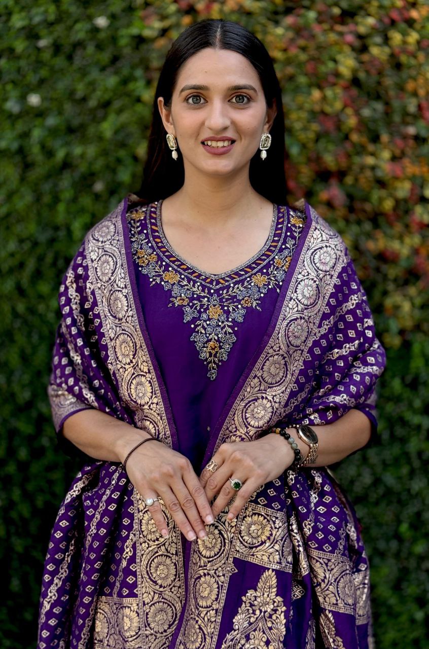 Lorenvalley Fashion Purple Roman Silk Hand Work Kurta Pant with Dupatta
