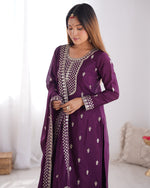 Thumbnail for Lorenvalley Purple Chinon Silk Embroidery Sequence and Jari Work Kurta Trousers with Dupatta Set