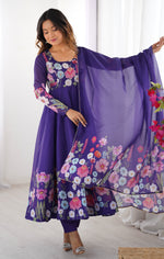 Thumbnail for Lorenvalley Purple Soft Organza Silk With Floral Print Fully Flared Anarkali Pant With Dupatta Set