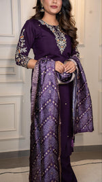 Thumbnail for Lorenvalley Fashion Purple Roman Silk Embroidery Multi Work Kurta Pant with Dupatta