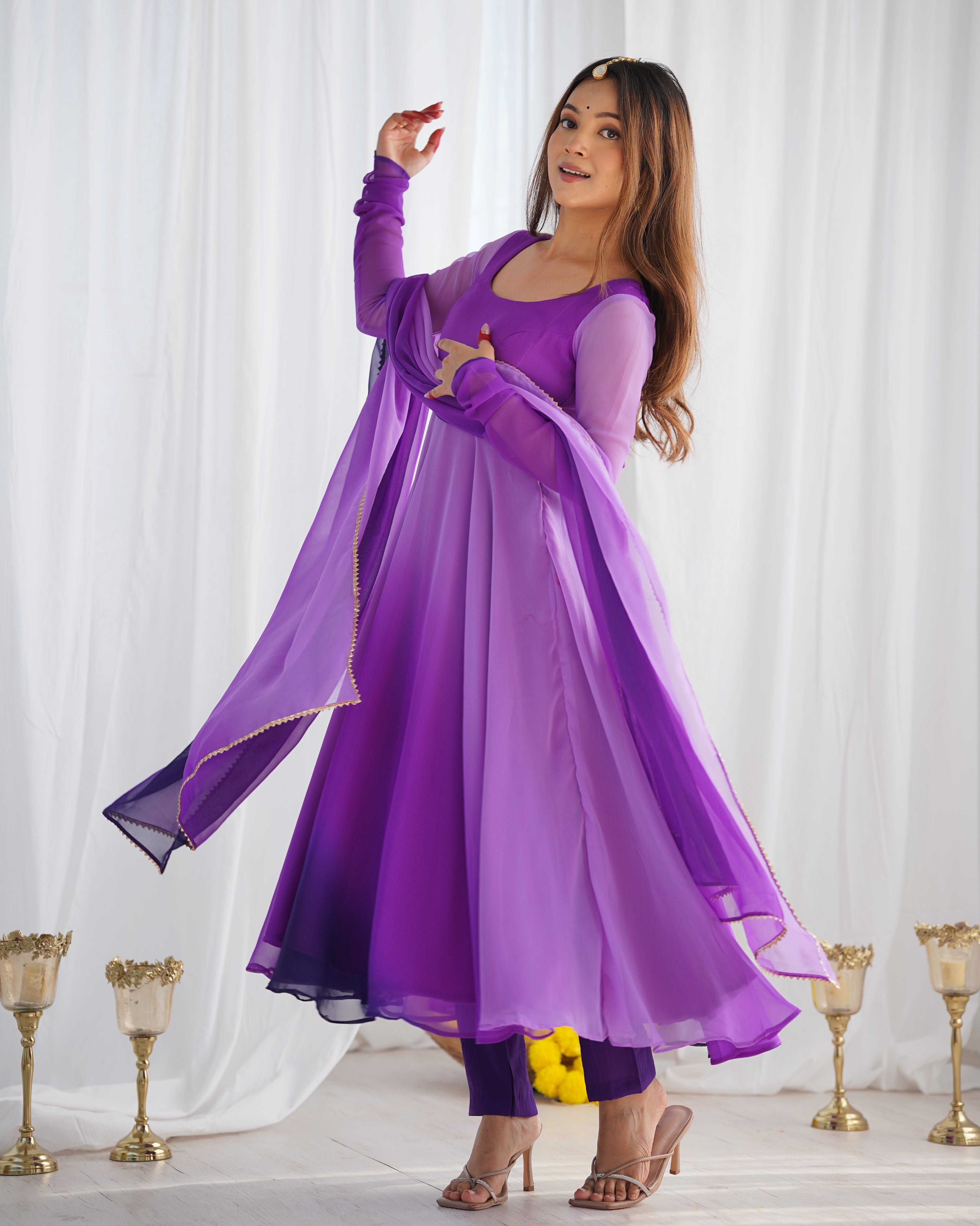 Lorenvalley Women Pure Soft Faux Georgette Colourfull Padding Anarkali Kurta Pant With Dupatta Set