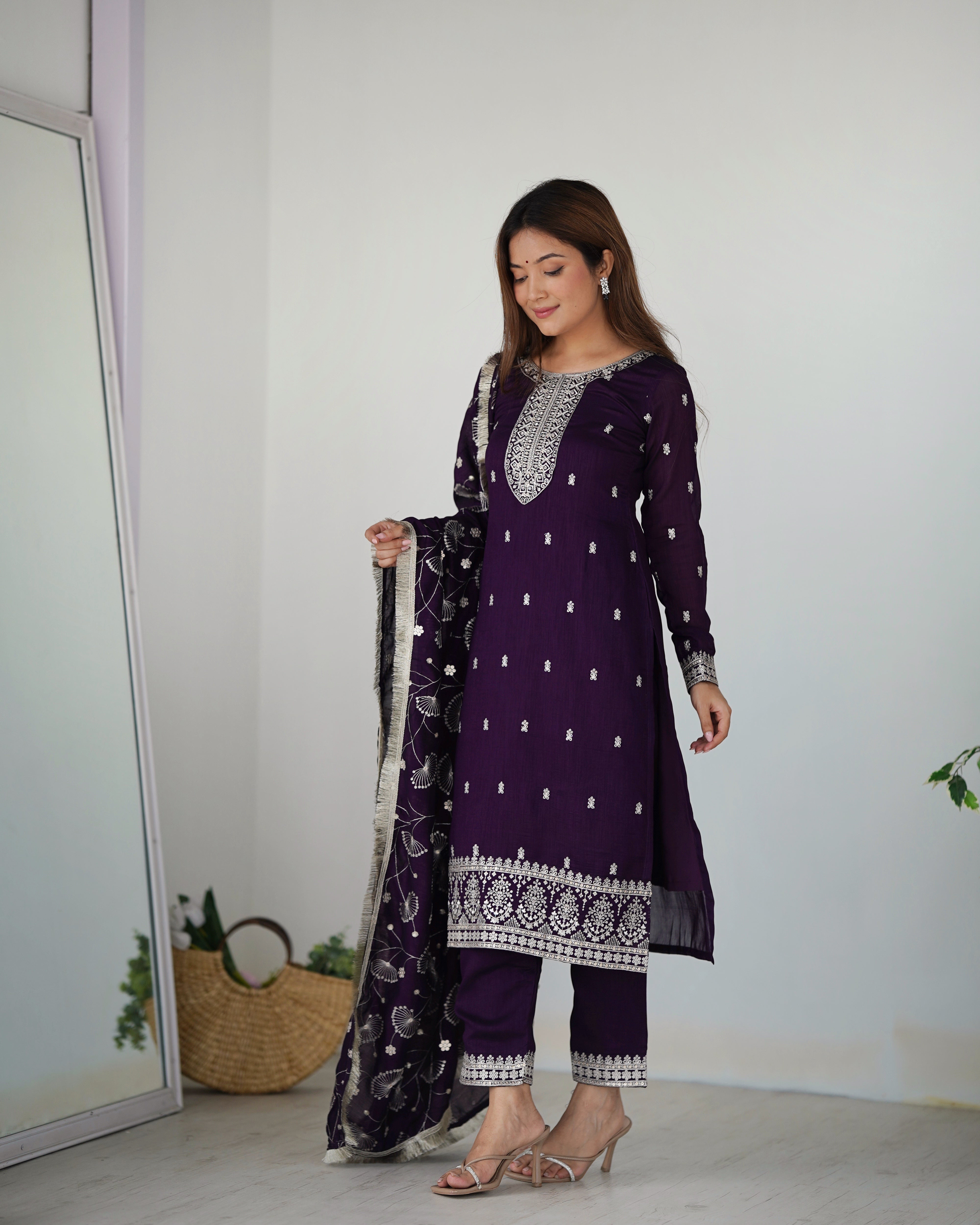 Lorenvalley Purple Rangoli Silk Embroidery Sequence and Jari Work Kurta Trousers with Dupatta Set