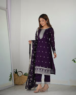 Thumbnail for Lorenvalley Purple Rangoli Silk Embroidery Sequence and Jari Work Kurta Trousers with Dupatta Set