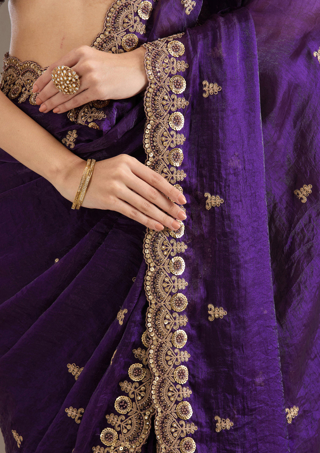Lorenvalley Fashion Purple Fendi Satin with Embroidery Double Sequence Work Saree with Blouse