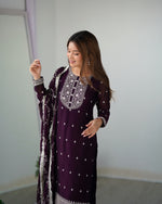 Thumbnail for Lorenvalley Wine Rangoli Silk Embroidery Sequence And Thread Work Kurta Trousers with Dupatta Set - Distacart