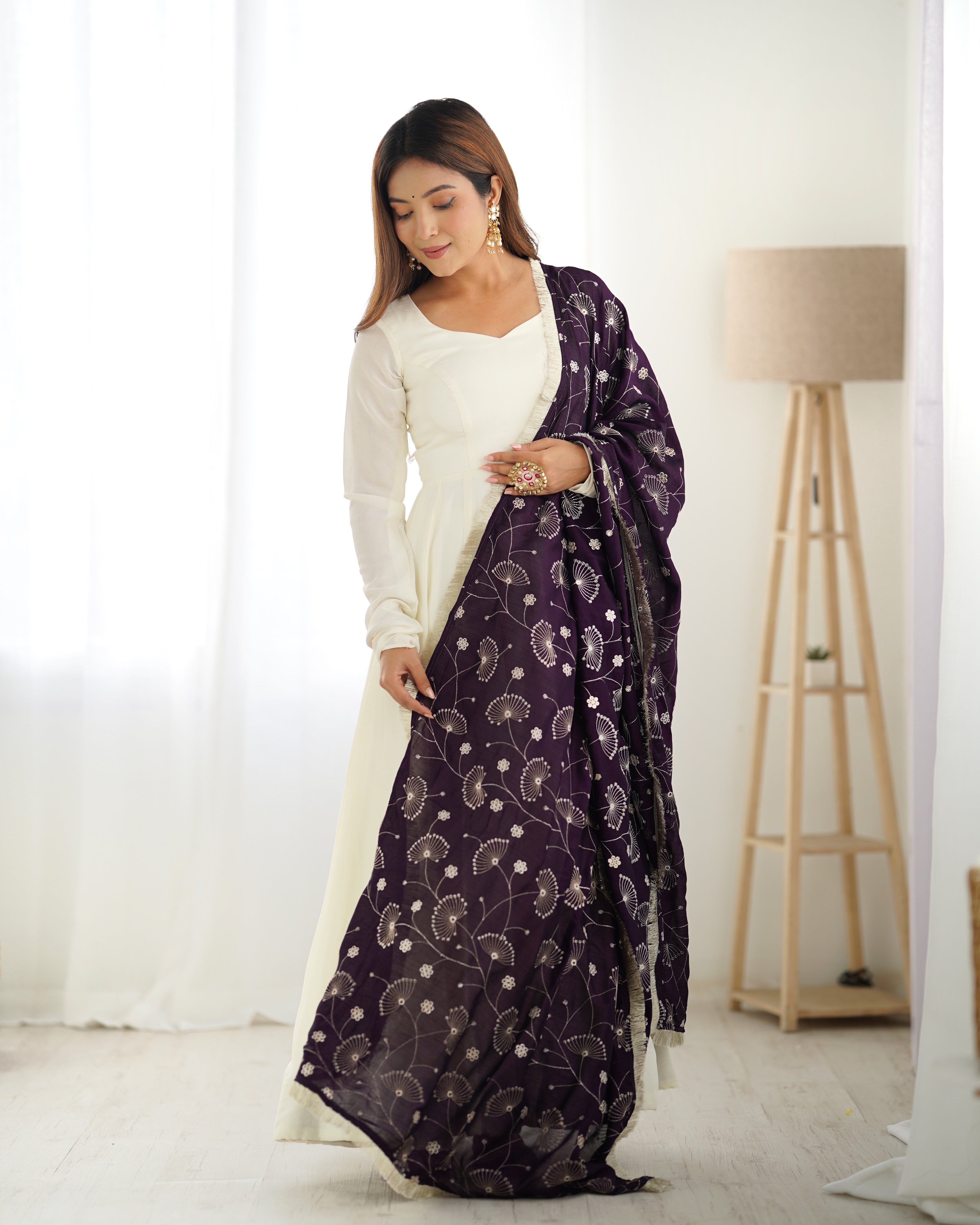 Lorenvalley White Vichitra Silk Fabric Fully Flared Anarkali Pant With Dupatta Set - Distacart