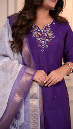 Thumbnail for Lorenvalley Fashion Purple Roman Silk Hand Work Kurta Pant with Dupatta