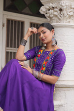 Thumbnail for Lorenvalley Fashion Purple Roman Silk with Thread with mirror work & Maslin Crochet Print Work Gown
