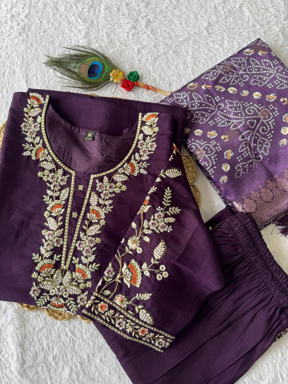 Lorenvalley Fashion Purple Roman Silk Embroidery Multi Work Kurta Pant with Dupatta